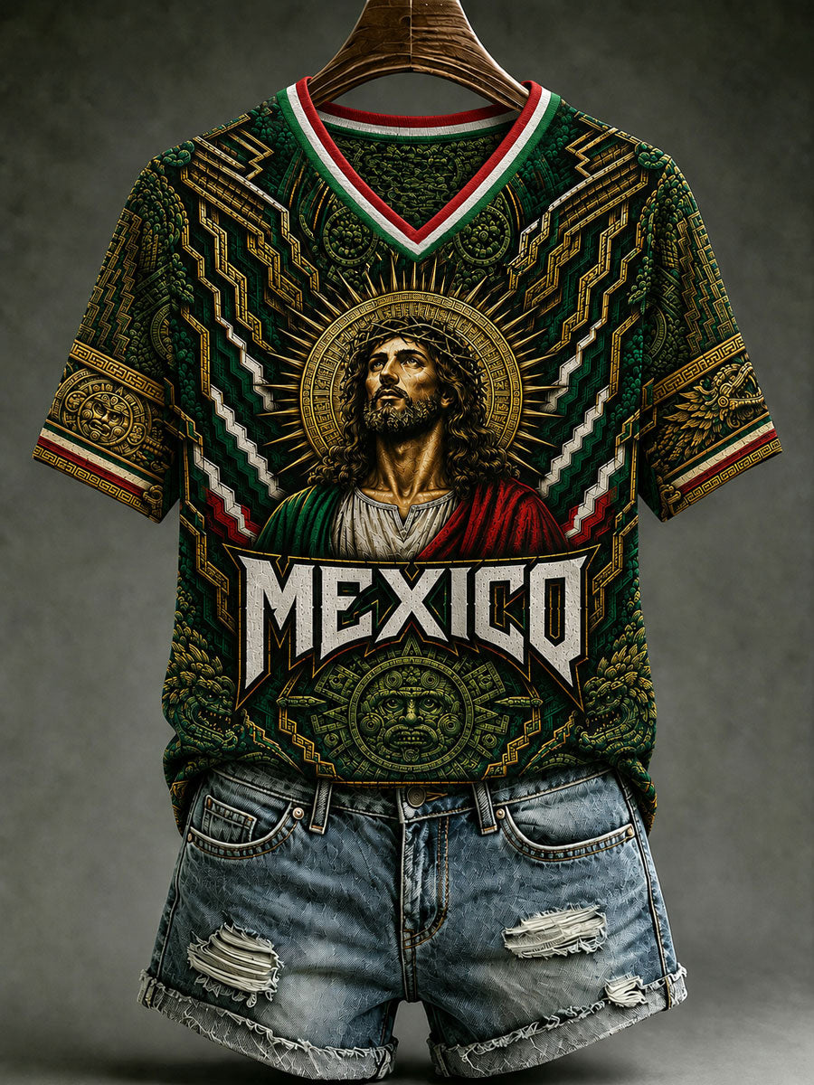Camiseta de manga corta con cuello en V y estampado de amor a México para mujer