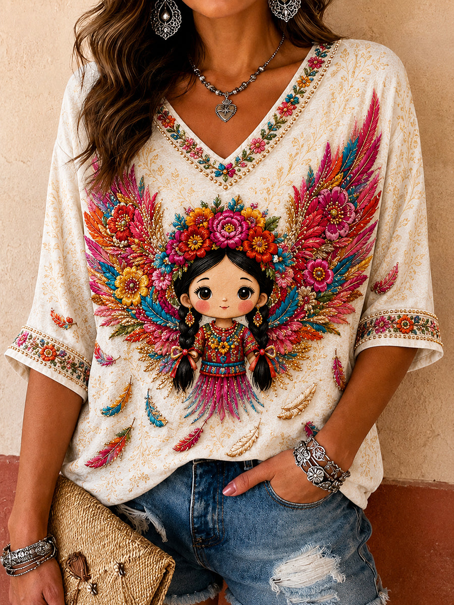 Camiseta estampada México Guelaguetza Lele Doll Art para mujer