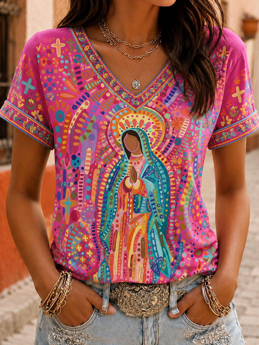 Camiseta estampada con arte de la Asunción de María, para mujer, de México
