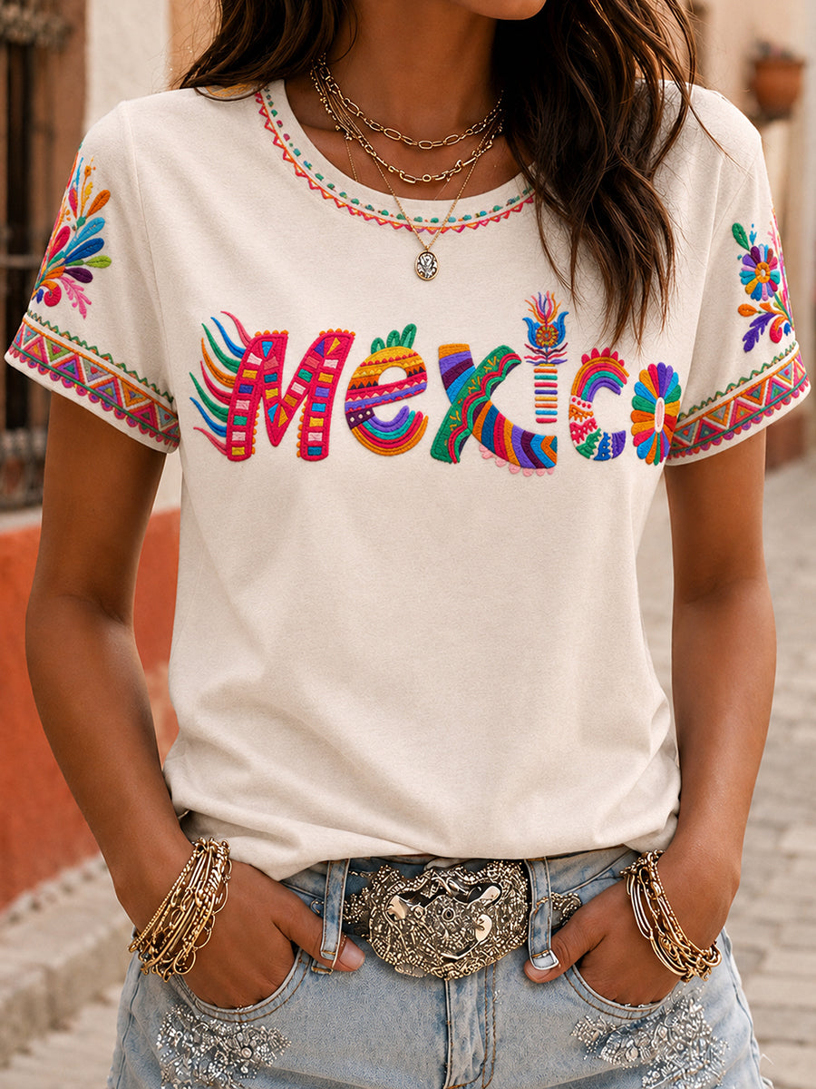 Camiseta estampada con arte mexicano de la Guelaguetza para mujer