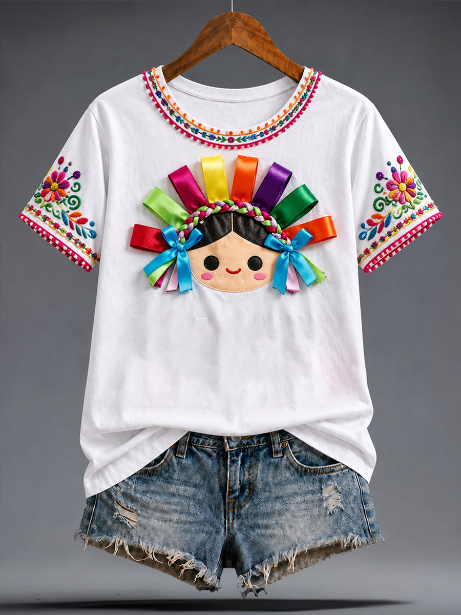 Camiseta estampada con arte de la muñeca Lele mexicana Guelaguetza para mujer