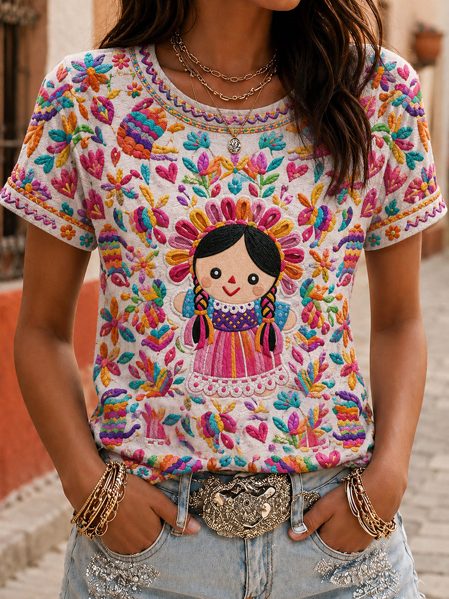 Camiseta estampada con arte mexicano de la Guelaguetza para mujer