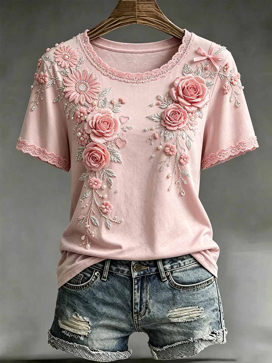 Camiseta floral rosada de la impresión de la moda de las mujeres