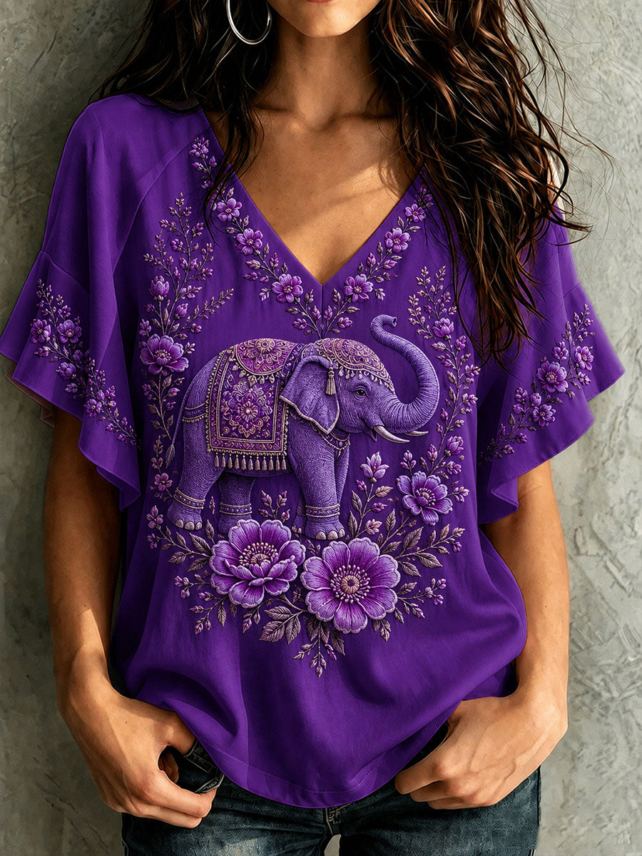 Camiseta de manga corta de mujer Alzheimer's Awareness Elephant Flowers Hang Shot