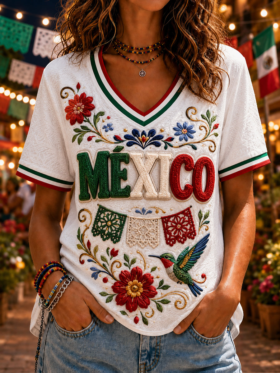 Camiseta informal de manga corta con estampado del Día de la Independencia de México para mujer