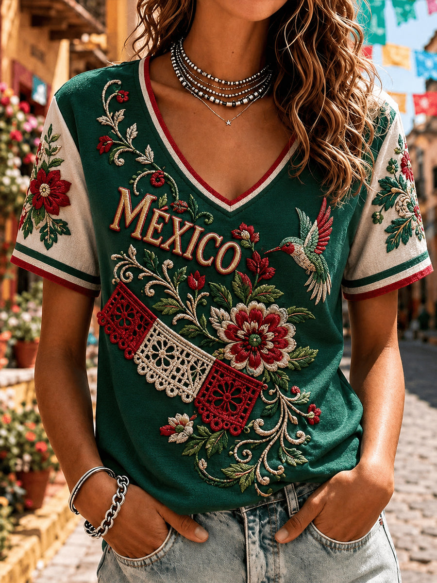 Camiseta informal de manga corta con estampado del Día de la Independencia de México para mujer