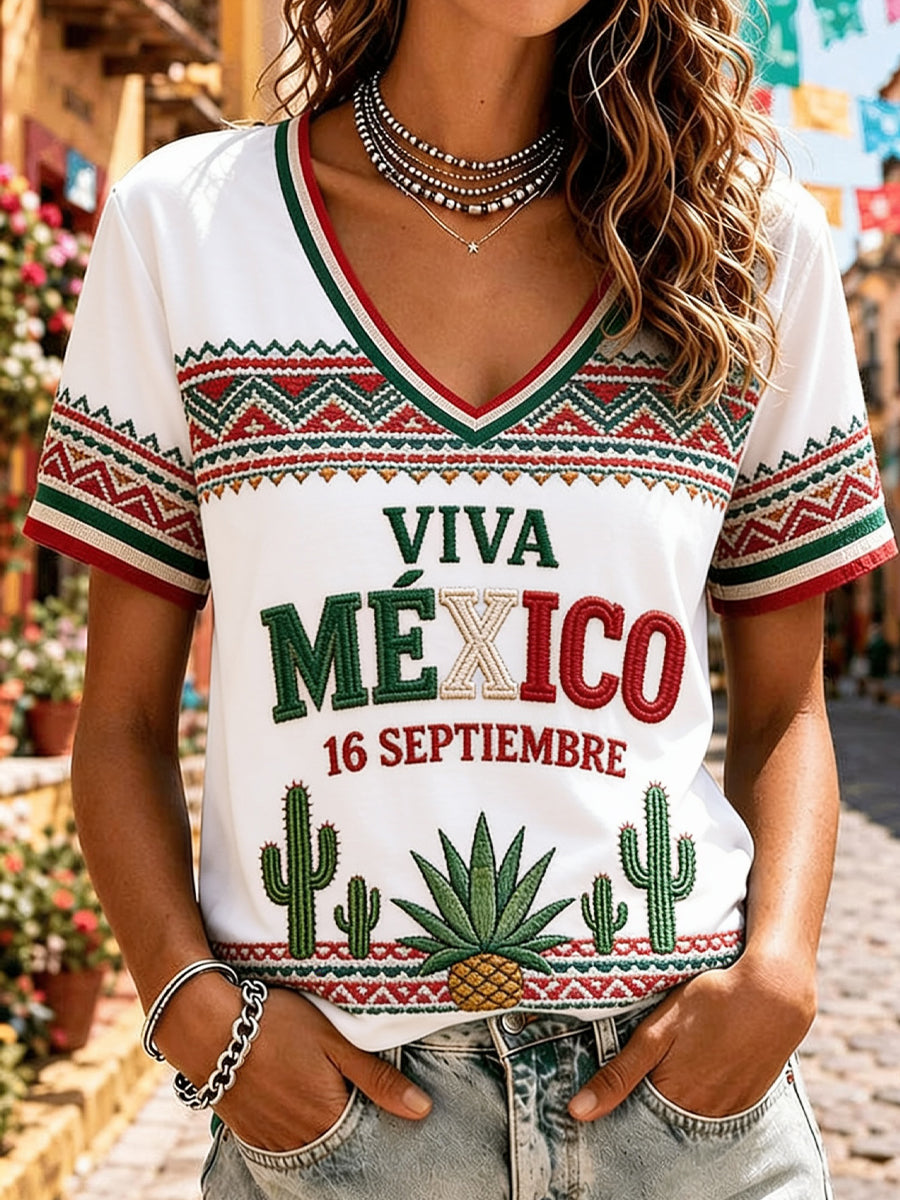 Camiseta informal de manga corta con estampado del Día de la Independencia de México para mujer