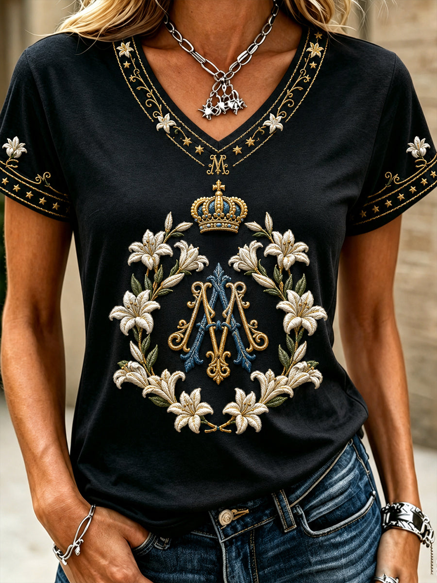 Camiseta estampada con arte religioso de la Asunción de María para mujer