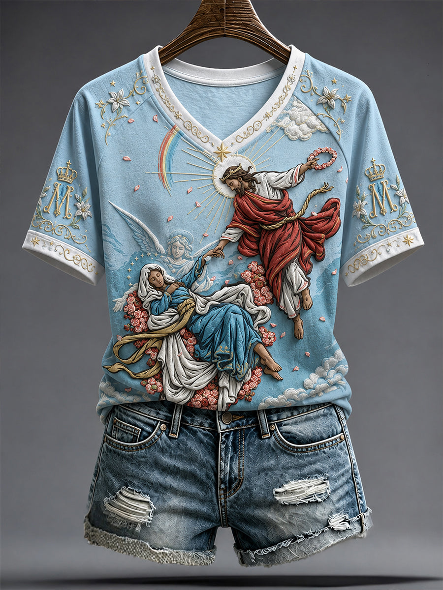 Camiseta estampada con arte religioso de la Asunción de María para mujer