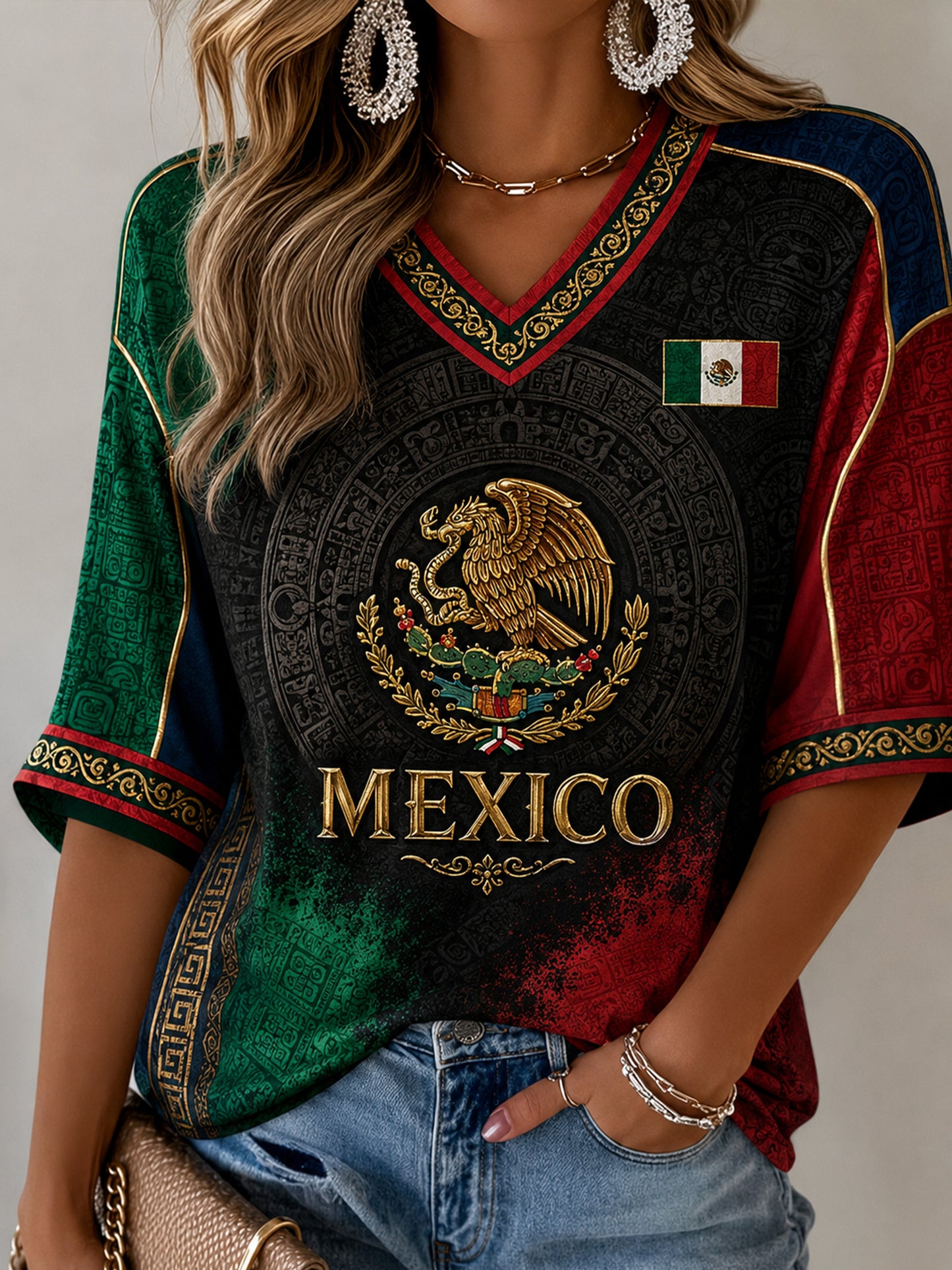 Camiseta de cuello en V con estampado artístico conmemorativo del Día de la Independencia de México para mujer