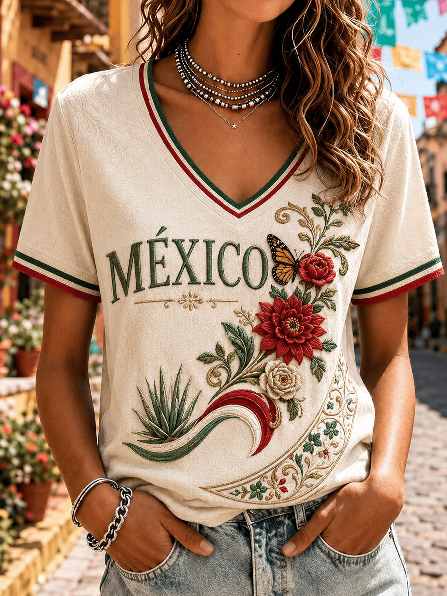 Camiseta informal de manga corta con estampado del Día de la Independencia de México para mujer