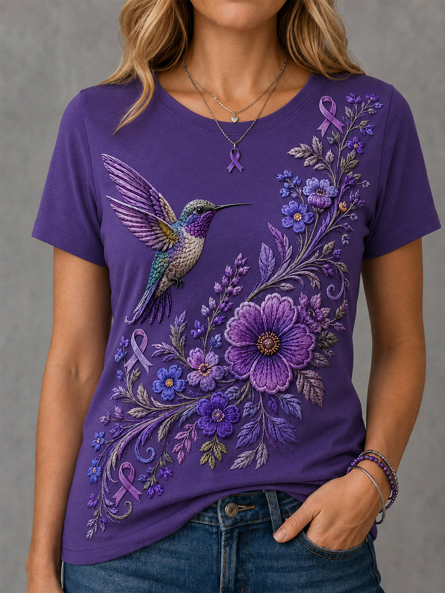 Camiseta de apoyo para la concienciación sobre el Alzheimer, con estampado floral púrpura y colibríes para mujer