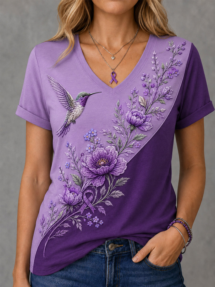 Camiseta de apoyo a la concienciación sobre el Alzheimer, para mujer, con estampado floral púrpura y colibríes, cuello en V