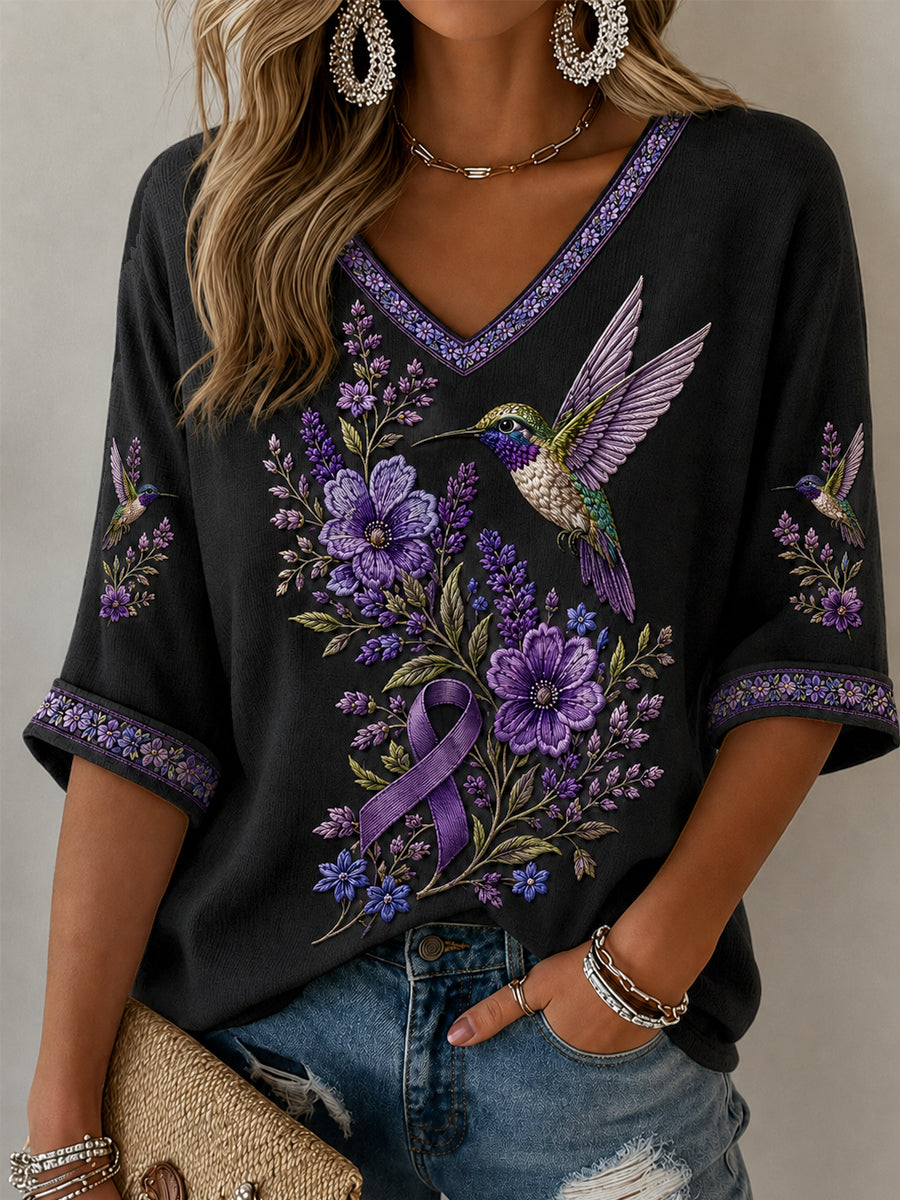 Camiseta de media manga con cuello en V, diseño floral púrpura y colibríes, concienciación sobre la enfermedad de Alzheimer, para mujer
