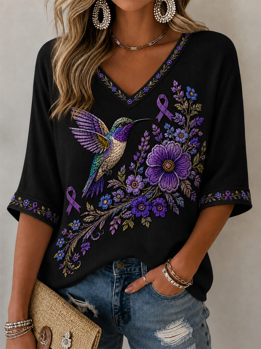 Camiseta de apoyo a la concienciación sobre el Alzheimer, para mujer, con estampado floral púrpura y colibríes, cuello en V