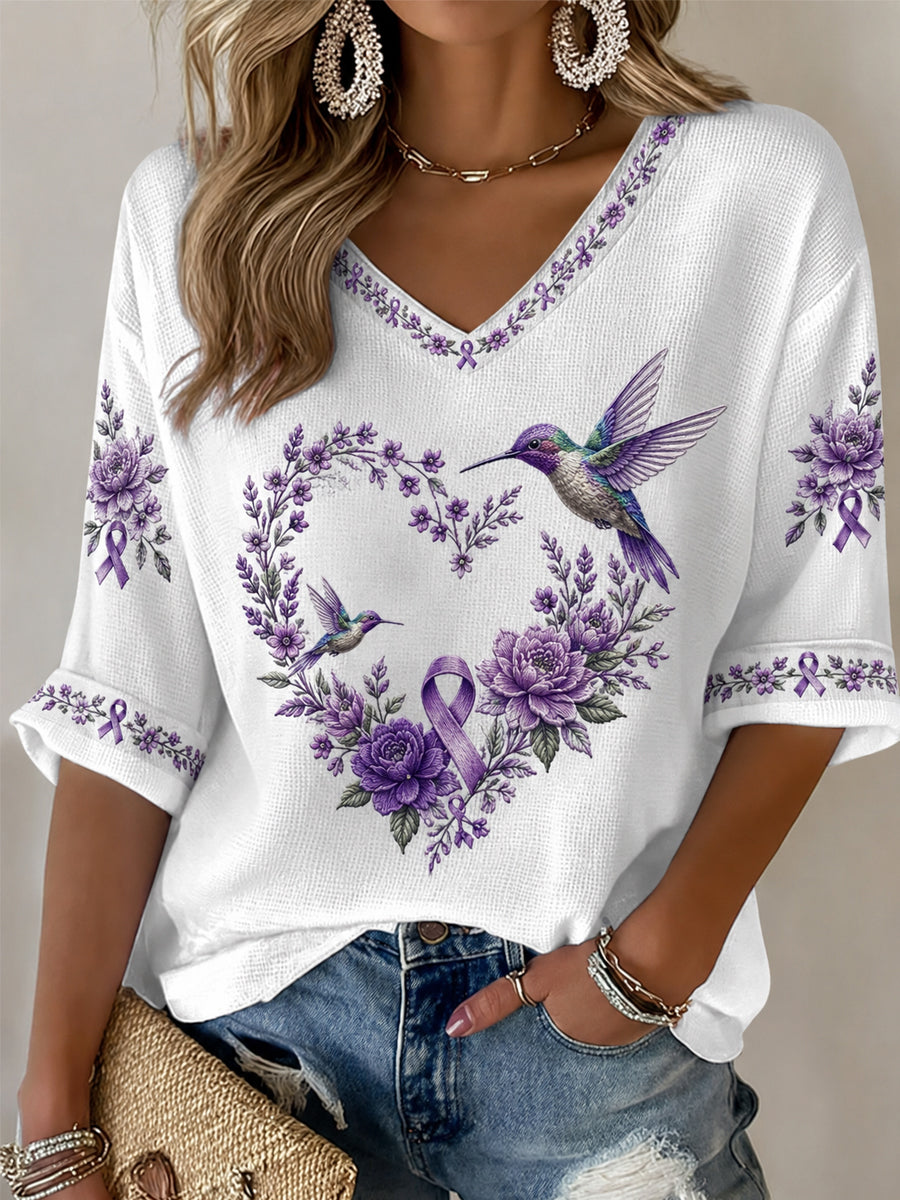 Mujer Púrpura Floral & Hummingbird Print Alzheimer's Awareness Support Medias mangas V-cuello camiseta