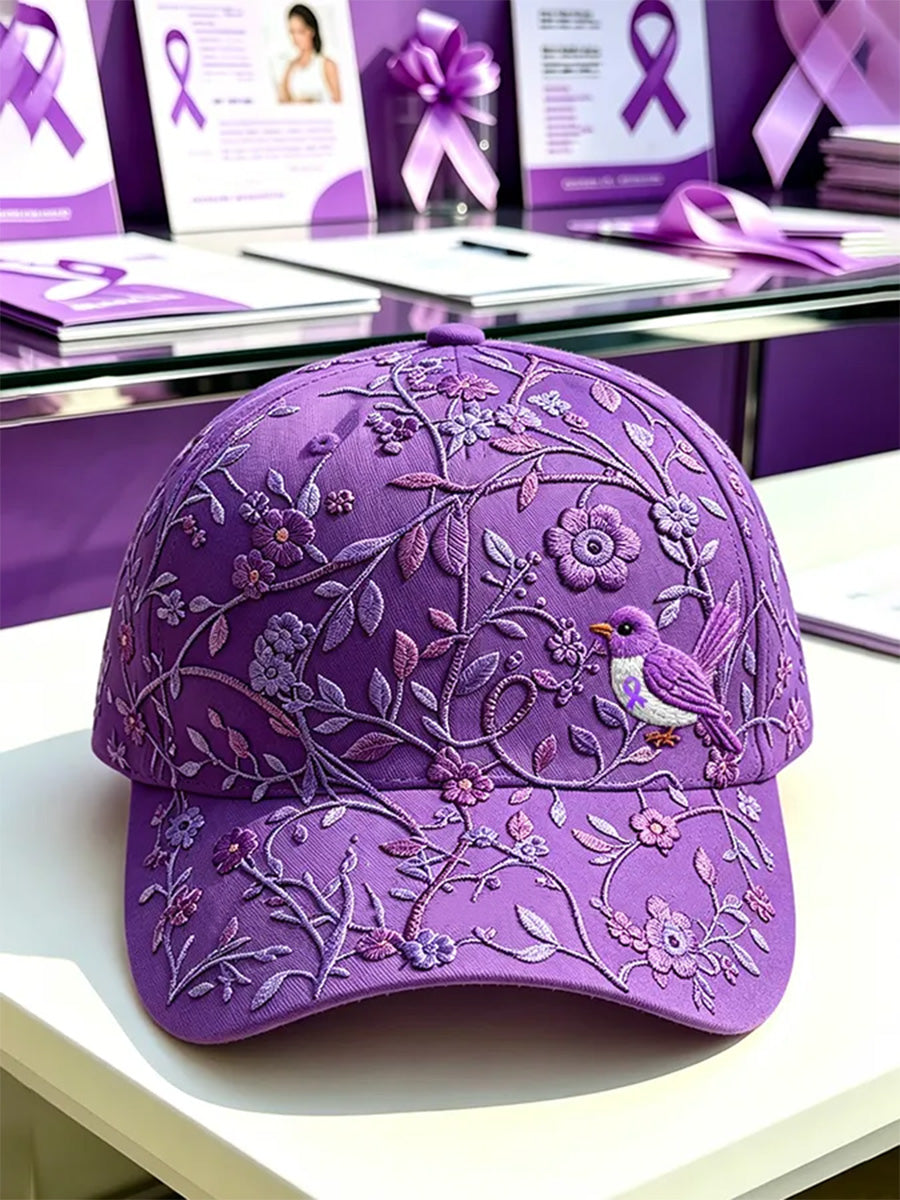 Sombrero de apoyo de la conciencia de Alzheimer de la impresión floral y del colibrí púrpura unisex
