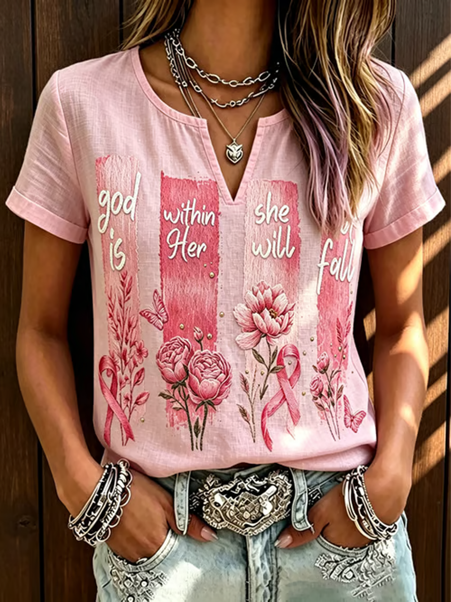 La conciencia del cáncer de mama de las mujeres imprimió la camisa de lino de algodón