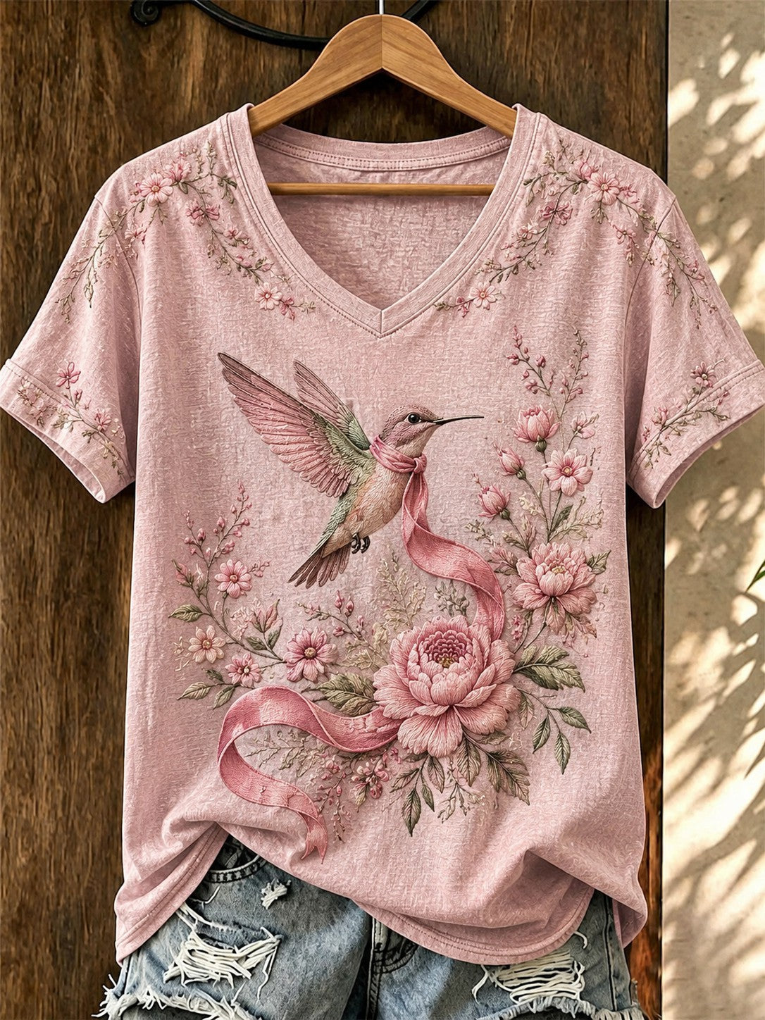 Camiseta con cuello en v impresa conciencia del cáncer de mama de las mujeres