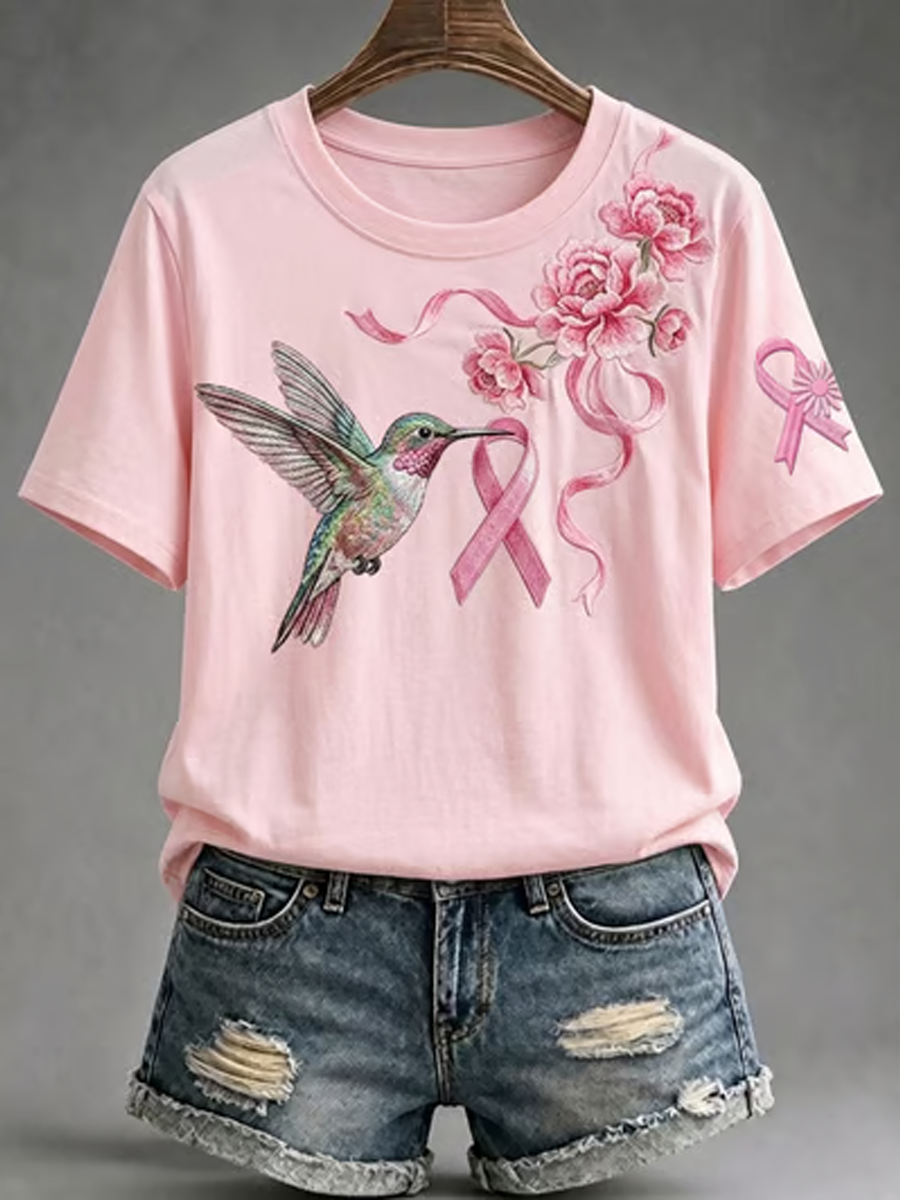 Camiseta de manga corta con estampado de cinta de cáncer de mama para mujer