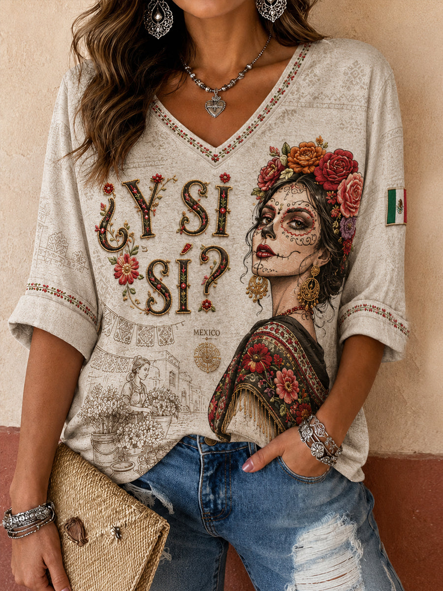 Día de la Independencia de México para mujeres ¿Y si sí? Camisetas de lino con estampado artístico
