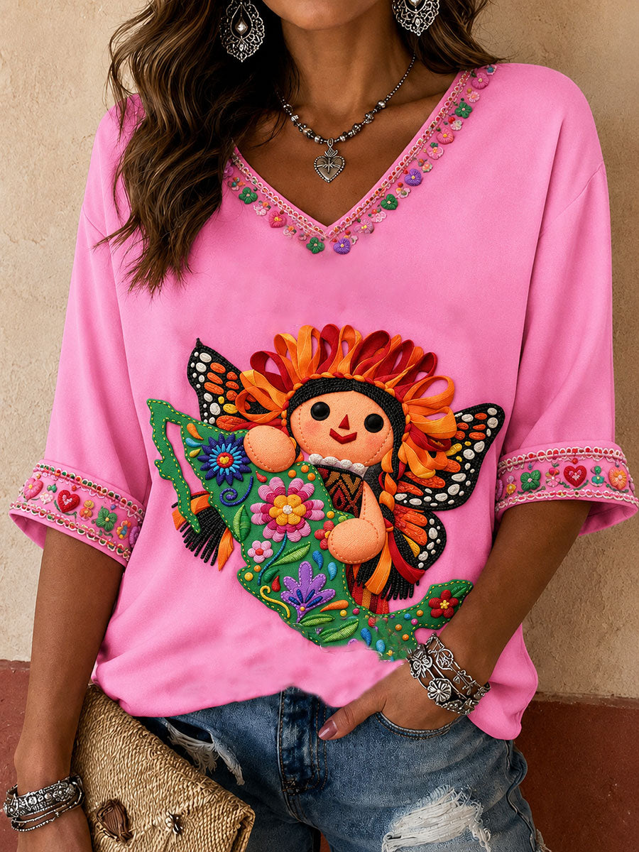 Camiseta estampada con arte de la muñeca Lele mexicana Guelaguetza para mujer