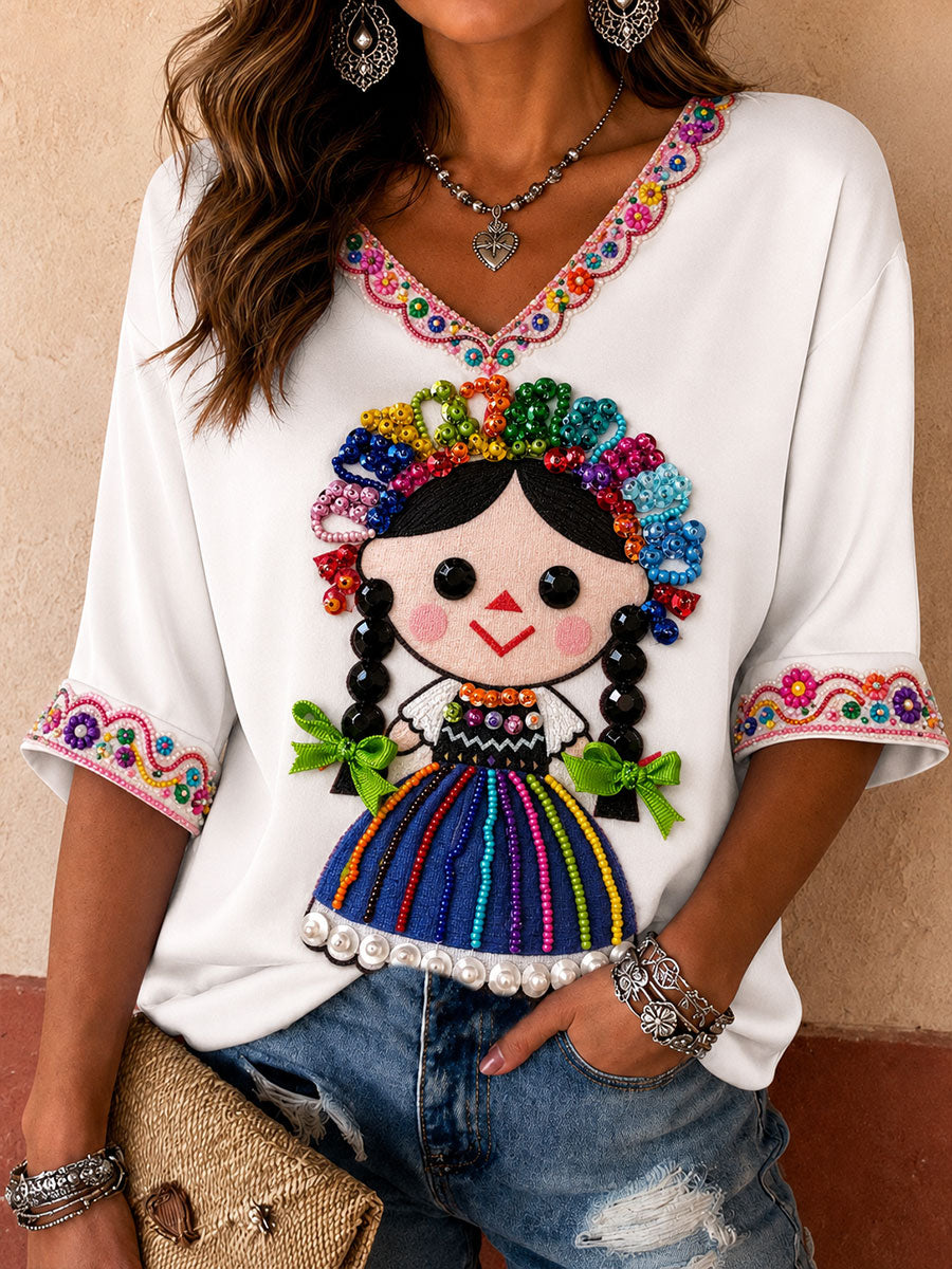 Camiseta estampada con arte de la muñeca Lele mexicana Guelaguetza para mujer