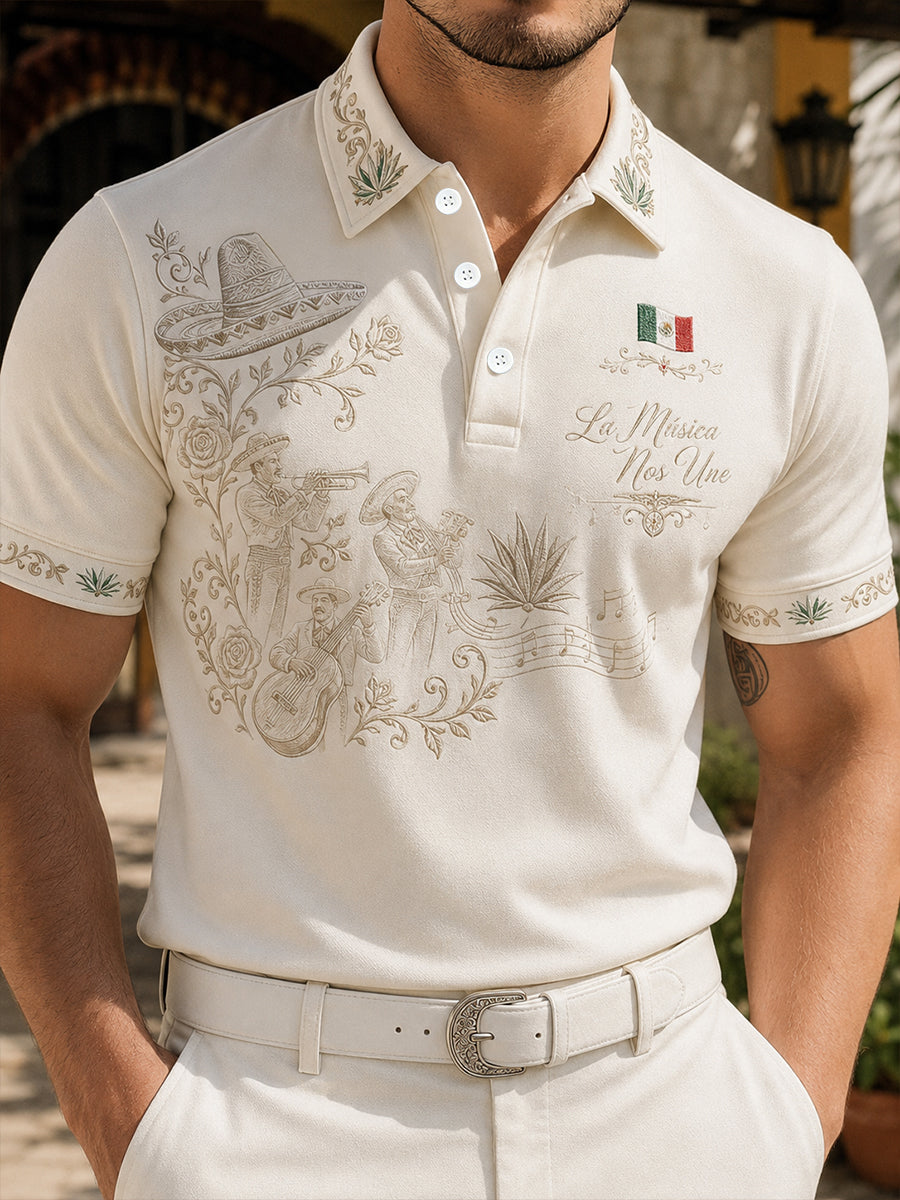Polo con estampado de arte Mariachi Spirit del Día de la Independencia de México para hombre