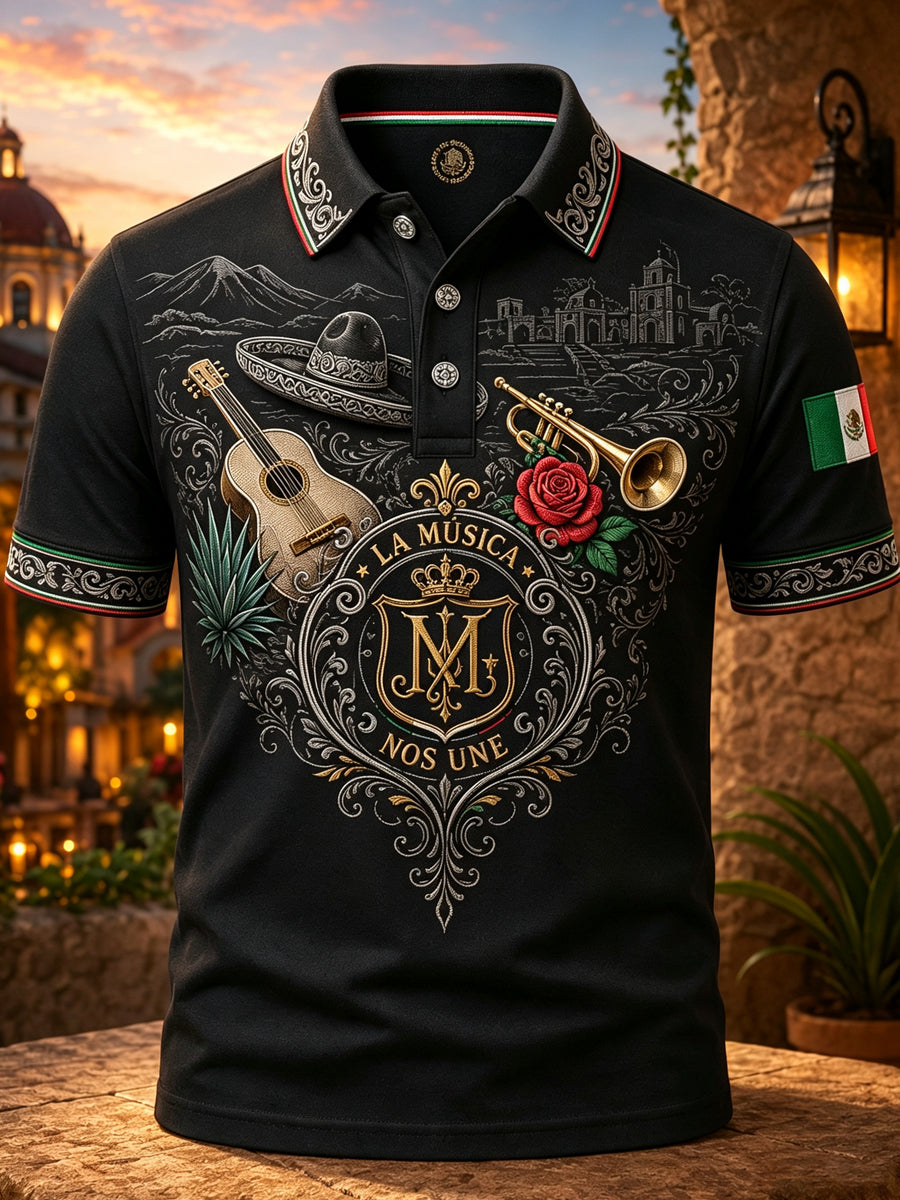 Polo con estampado artístico del espíritu mariachi del Día de la Independencia de México para hombre