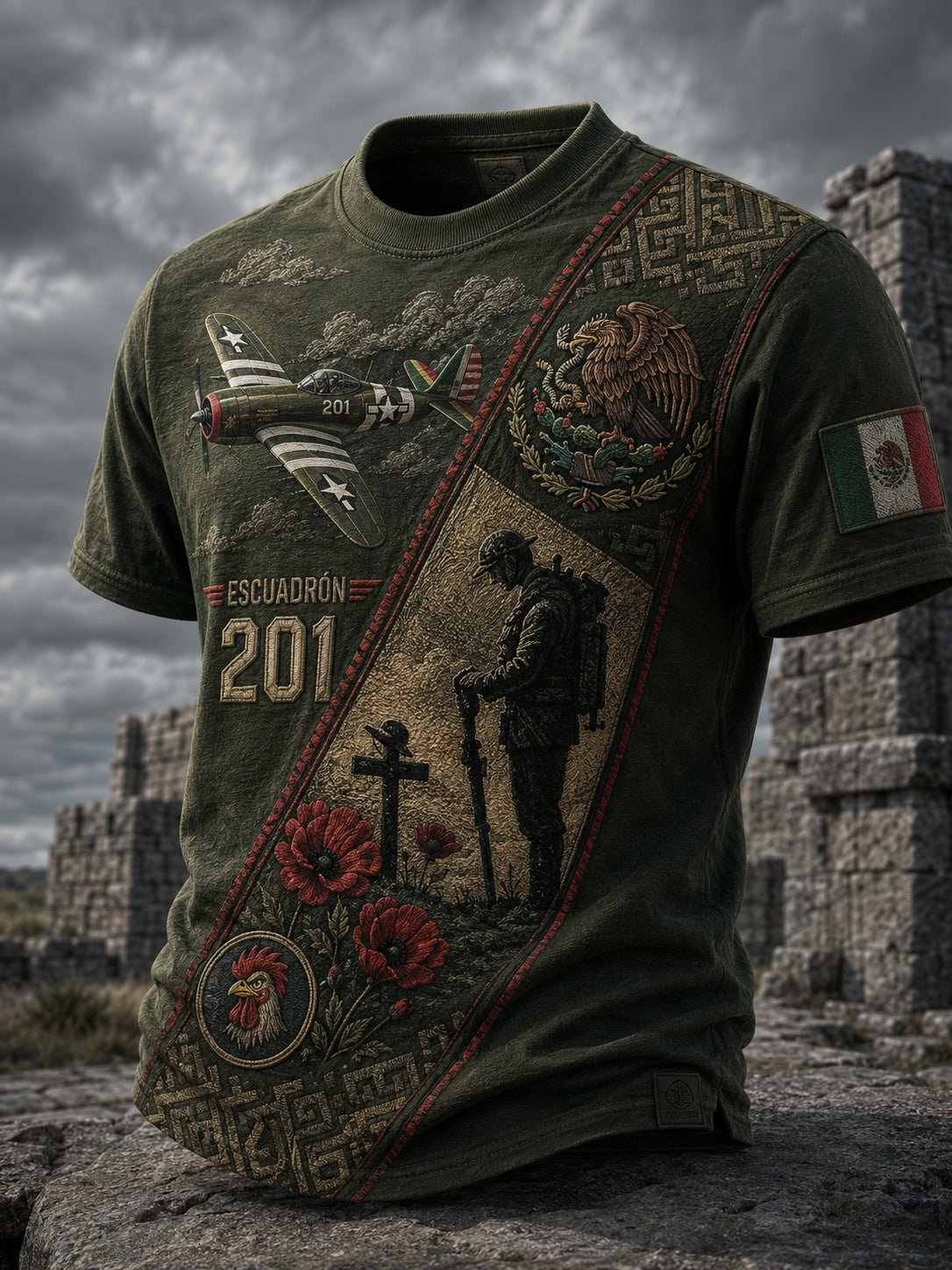 Camiseta de la impresión patriótica del arte del veterano mexicano de los hombres