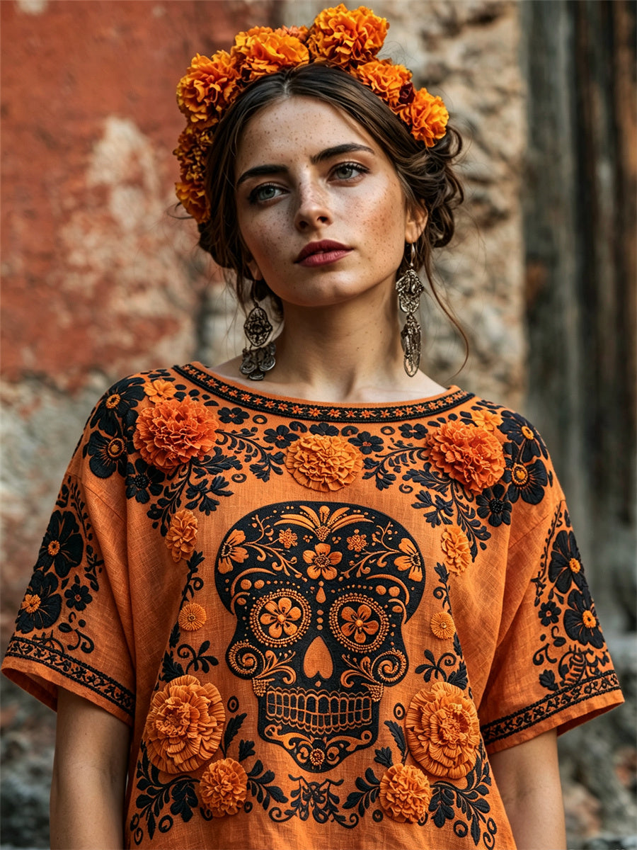 Camiseta de manga corta de lino con estampado floral de caléndulas mexicanas del cráneo del azúcar del día de los muertos de la mujer