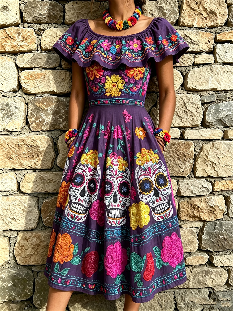 Vestido largo con volantes, estampado floral mexicano y calaveras de azúcar del Día de Muertos para mujer