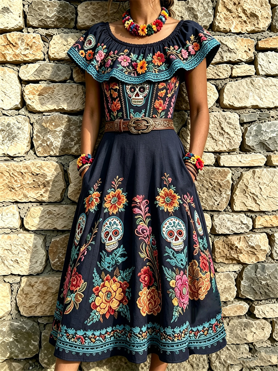 Vestido largo con volantes, estampado floral mexicano y calaveras de azúcar del Día de Muertos para mujer
