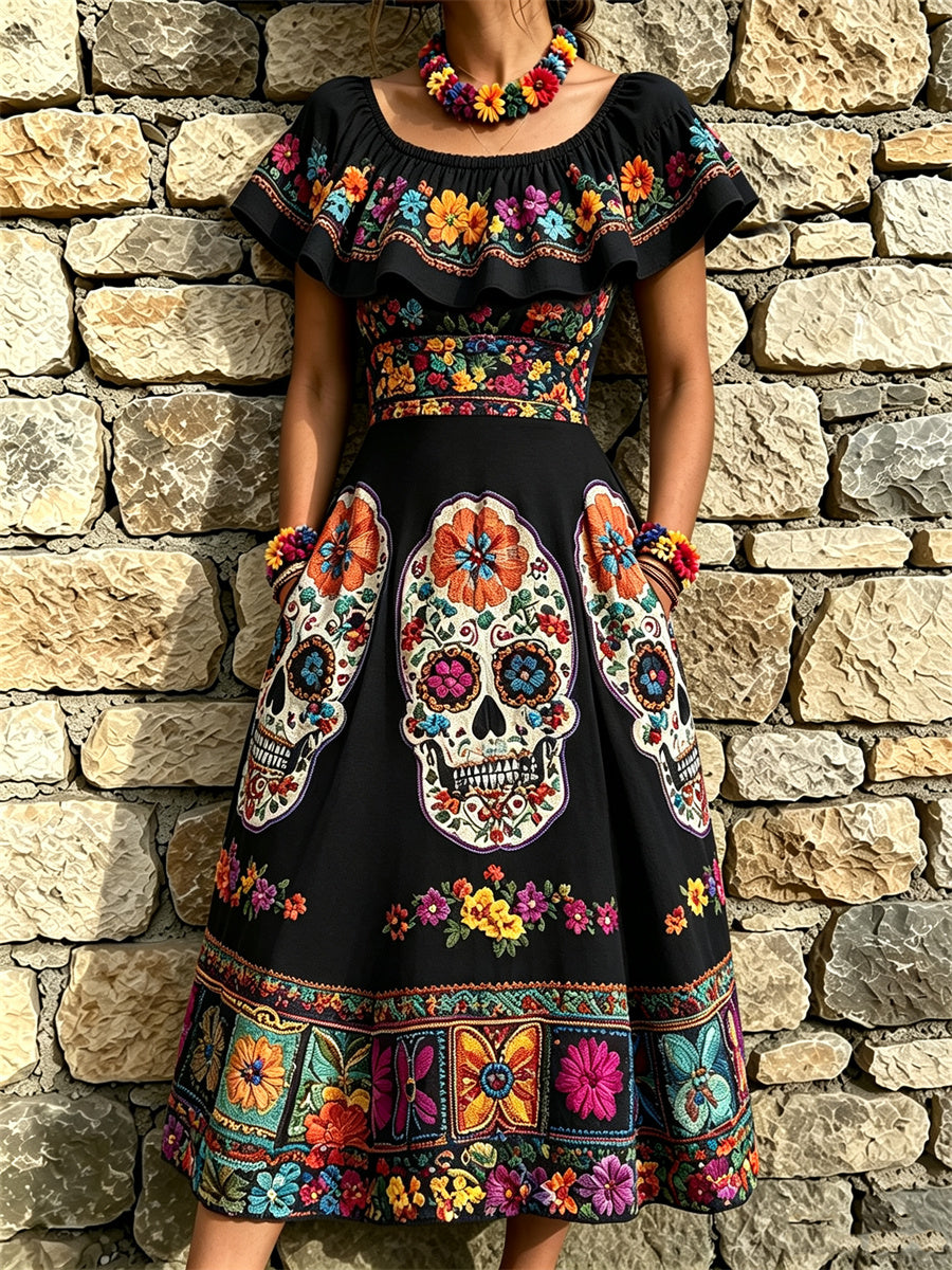 Vestido largo con volantes, estampado floral mexicano y calaveras de azúcar del Día de Muertos para mujer