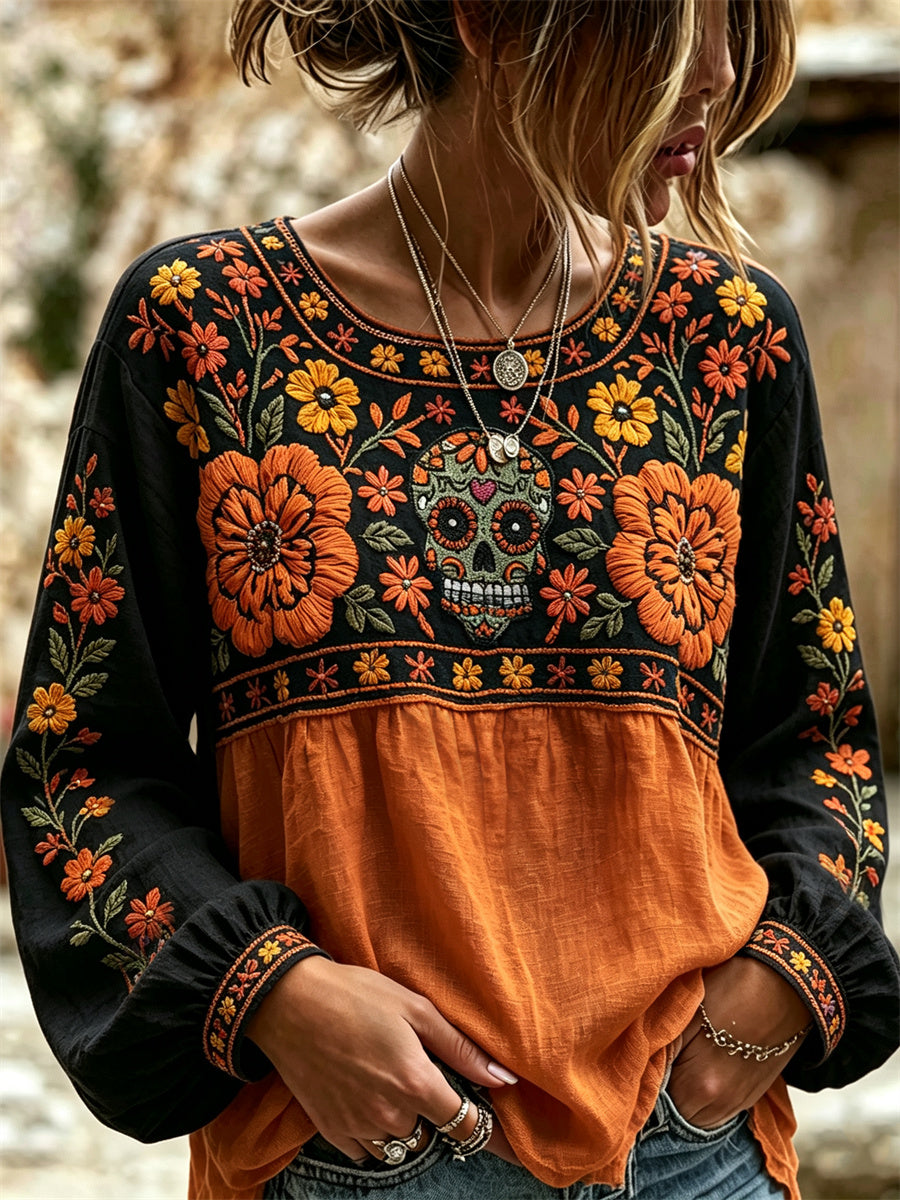 Camisa de algodón-lino con estampado floral de calaveras de azúcar mexicanas y flor de cempasúchil para el Día de Muertos de la mujer