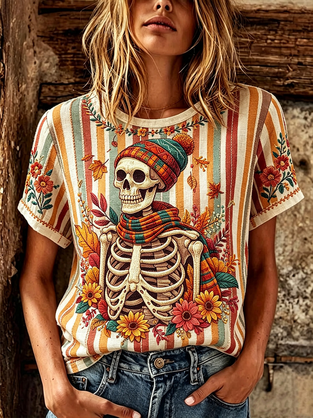 El patrón retro de plantas y flores del Día de los Muertos de las mujeres imprimió la camiseta casual de manga corta de algodón y lino