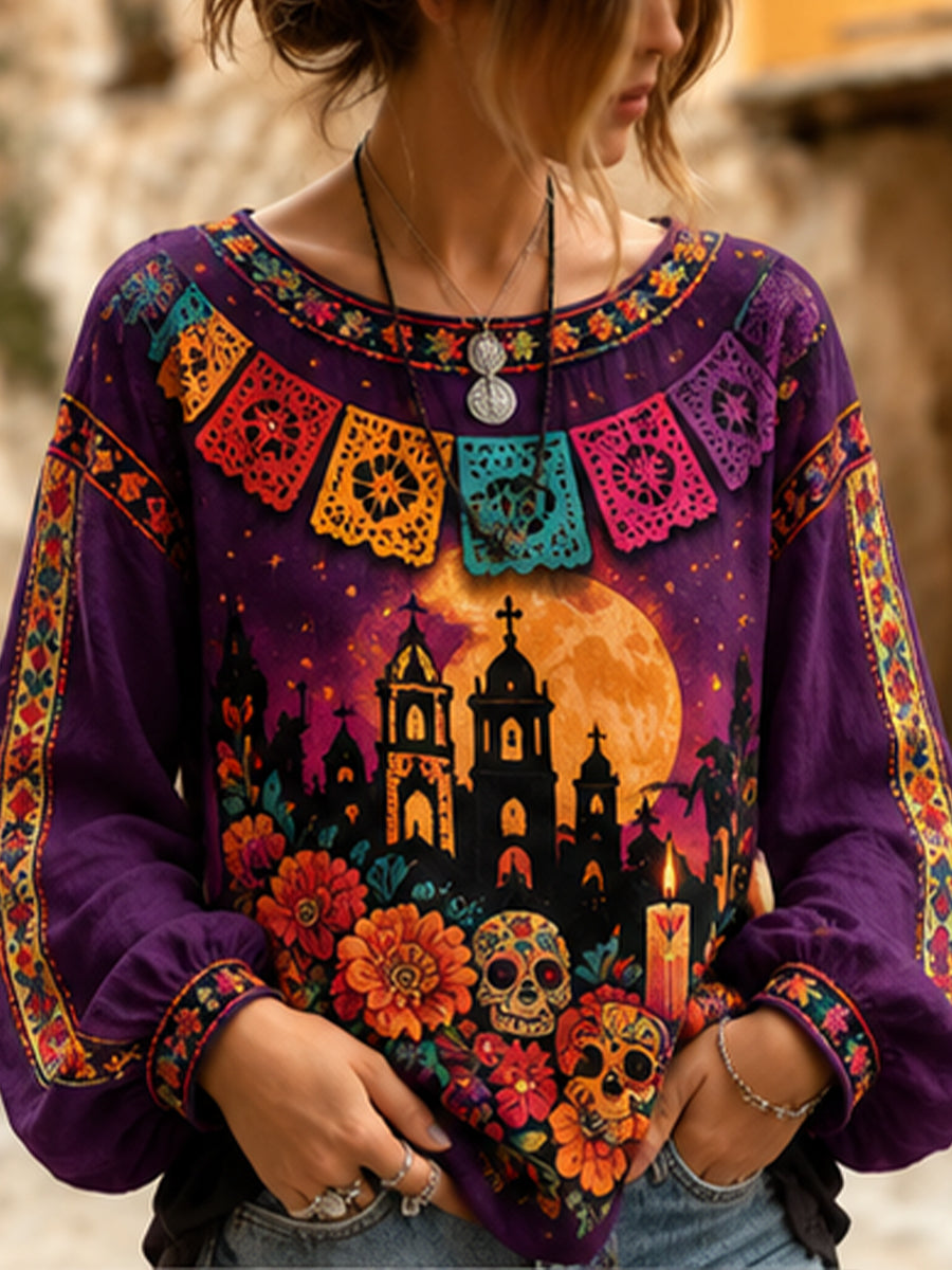 Camiseta con estampado artístico conmemorativo del Día de Muertos mexicano para mujer