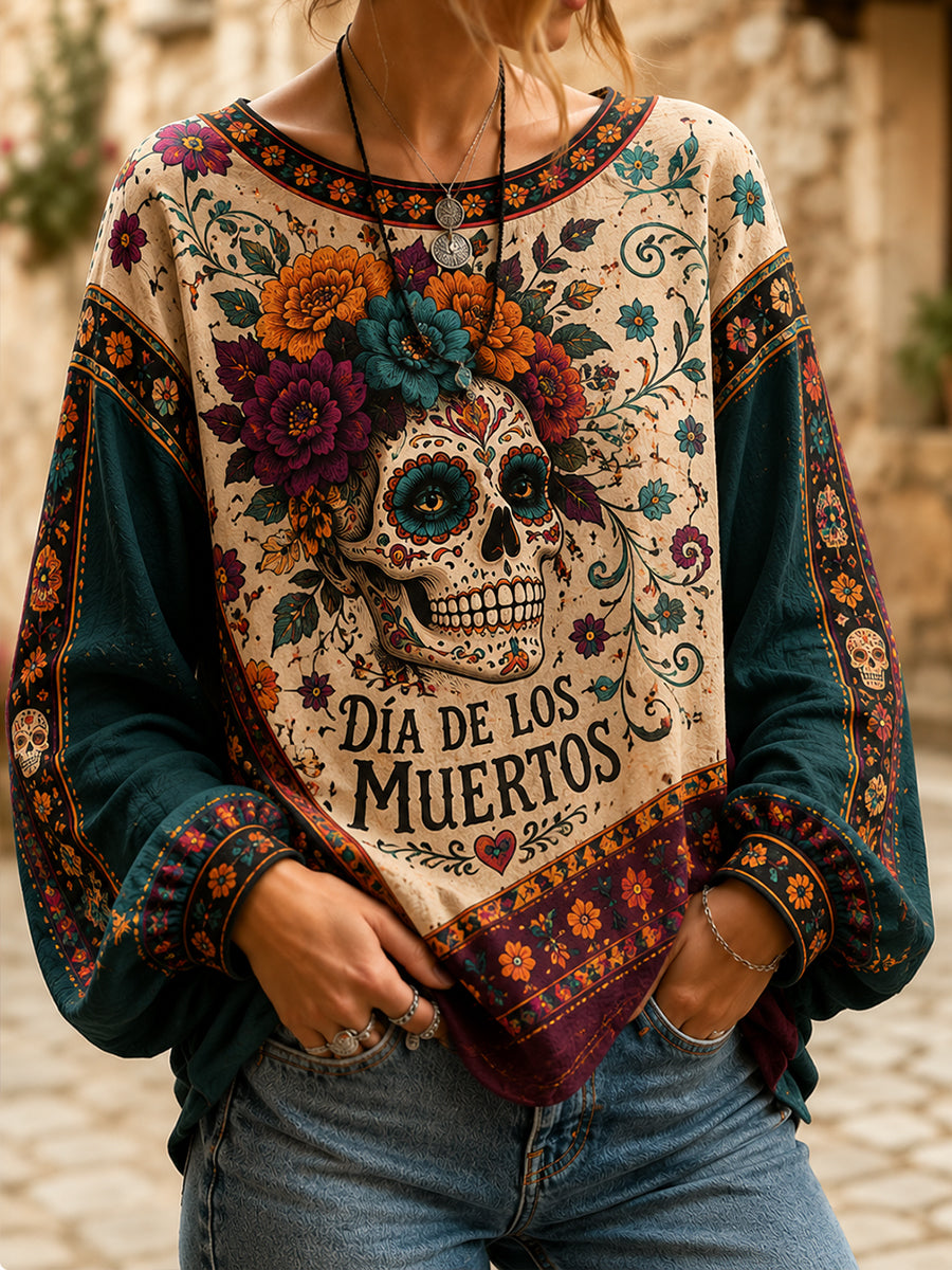 Camiseta con estampado artístico conmemorativo del Día de Muertos mexicano para mujer