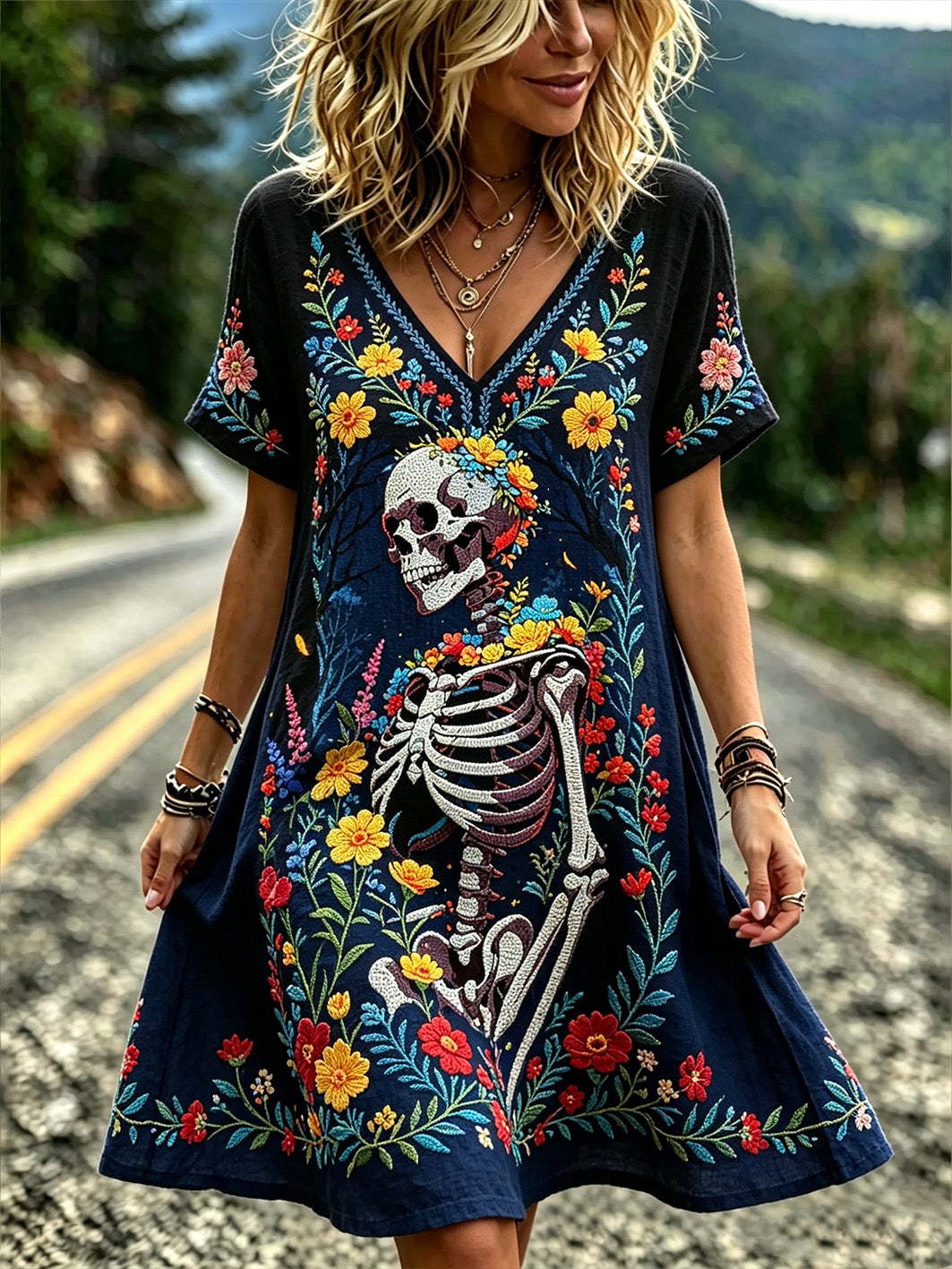 Día retro de las mujeres de la planta muerta y el patrón de flores impreso vestido casual con cuello en V
