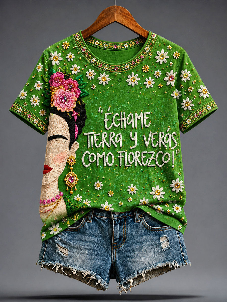 Camiseta estampada con arte floral mexicano para mujer