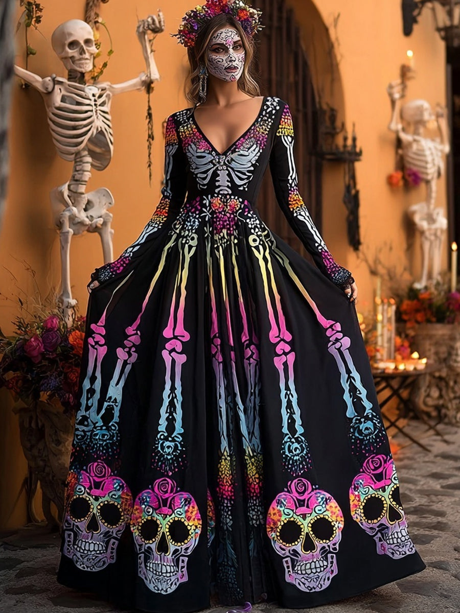 Vestido largo de mujer con cuello en V, diseño de calavera y esqueleto del Día de Muertos