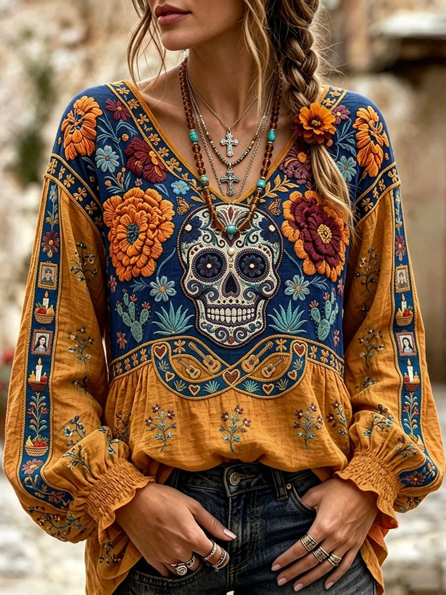 Camisa de lino de algodón con estampado Faloral de cráneos de azúcar muertos para mujer