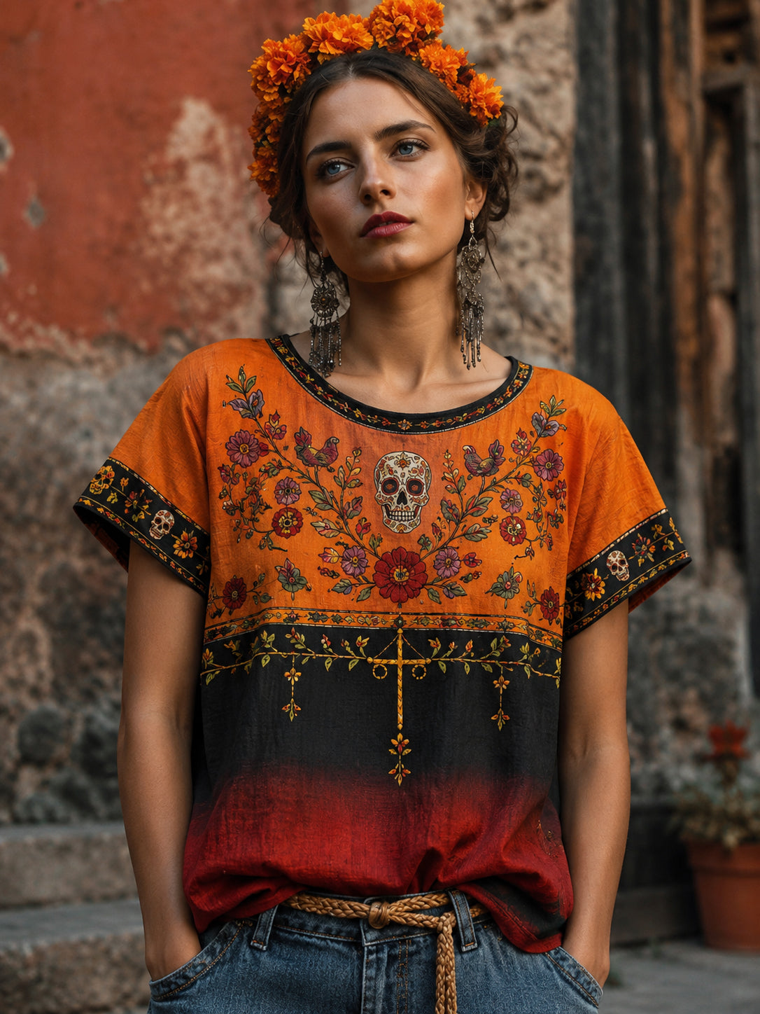 Día mexicano de las mujeres del festival muerto-camiseta temática de la impresión del arte