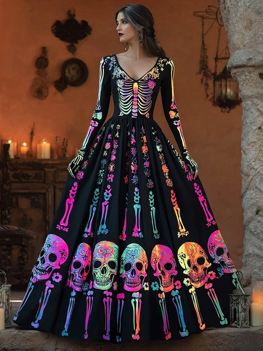 Vestido maxi con cuello en V y cráneo de esqueleto muerto para mujer