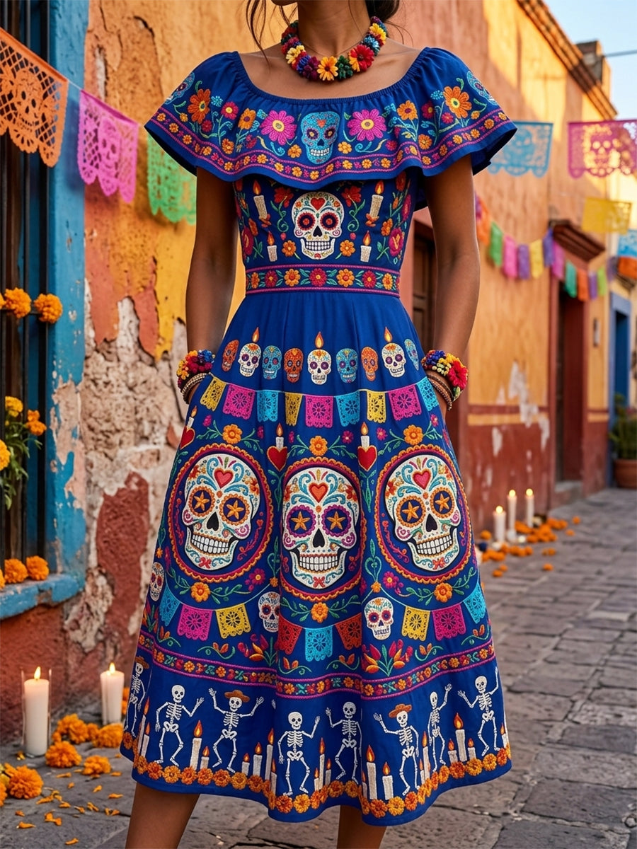 Día de las mujeres de los muertos mexicano floral azúcar cráneos imprimir ruffle vestido maxi
