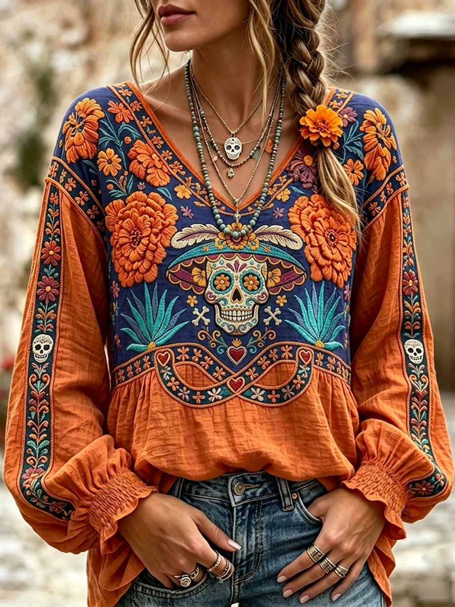 Camisa de algodón-lino con estampado de calaveras de azúcar y flores de cempasúchil para el Día de Muertos de las Mujeres