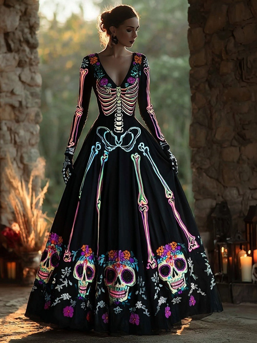 Vestido largo de mujer con cuello en V, diseño de calavera y esqueleto del Día de Muertos