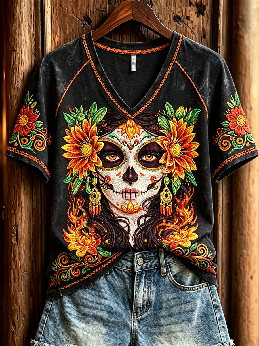 Camiseta de manga corta con estampado floral de caléndulas mexicanas, calavera de azúcar y Día de Muertos para mujer