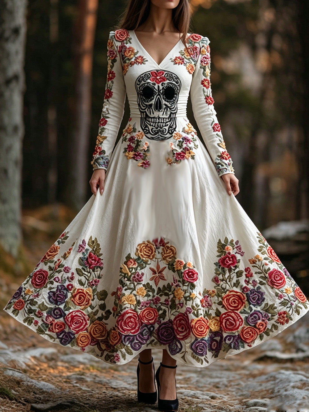 Día de las mujeres de los elementos muertos planta flor patrón impreso vestido de manga larga