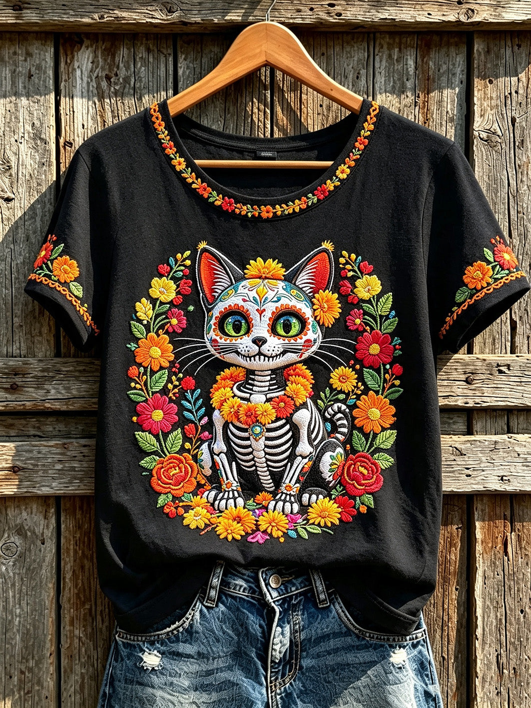 Camiseta casual de manga corta con estampado de animales y flores del Día de Muertos para mujer